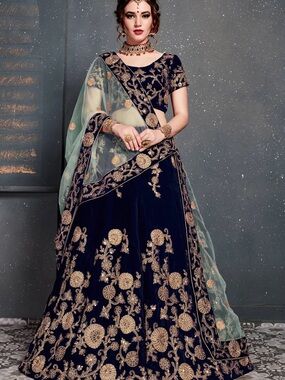Navy & Gold Embroidered Velvet Lehenga Set with Sheer Dupatta